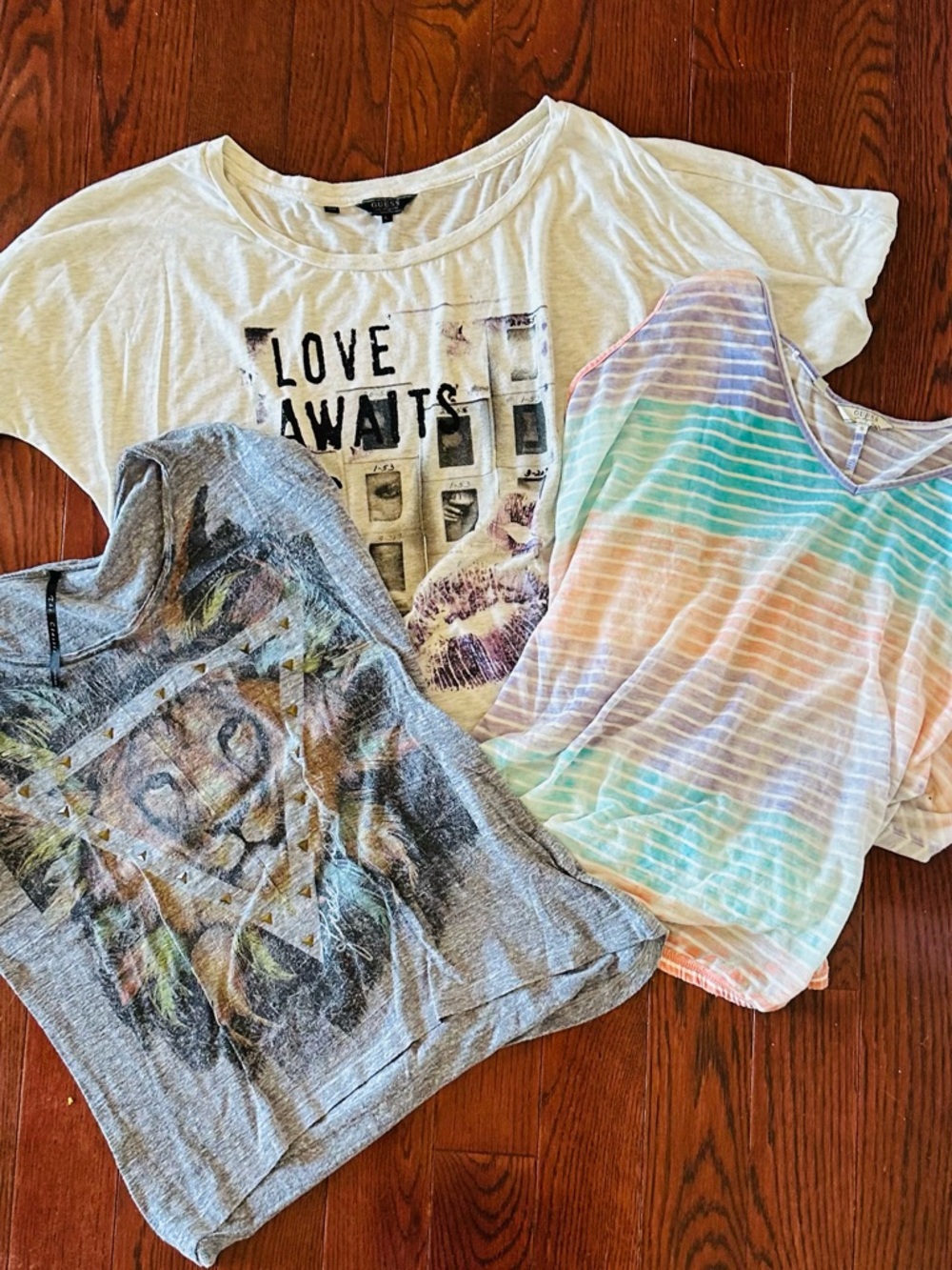 Y2K set of 3 Tops / Guess Striped Turquoise and White Tee with Lavender Trim